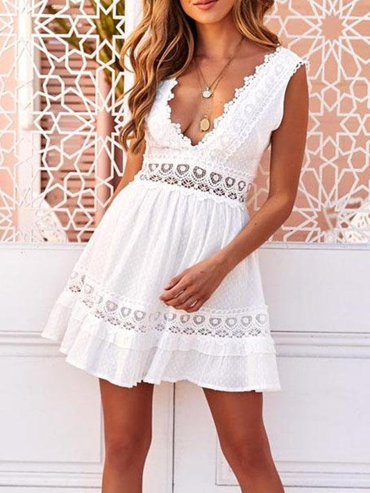 Sweet Lace Solid Color Sleeveless Casual Dress - LuckyFash™