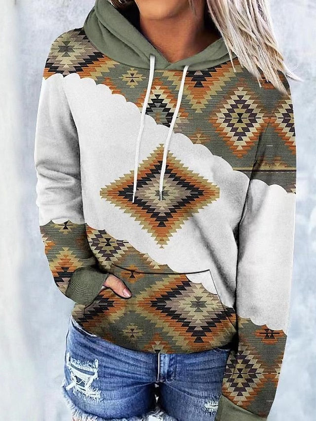 Hoodie Sweatshirt Pullover Ethnic Front Pocket dark brown Gray Green Sea Blue Geometric Street Hoodie Long Sleeve for Women - LuckyFash™