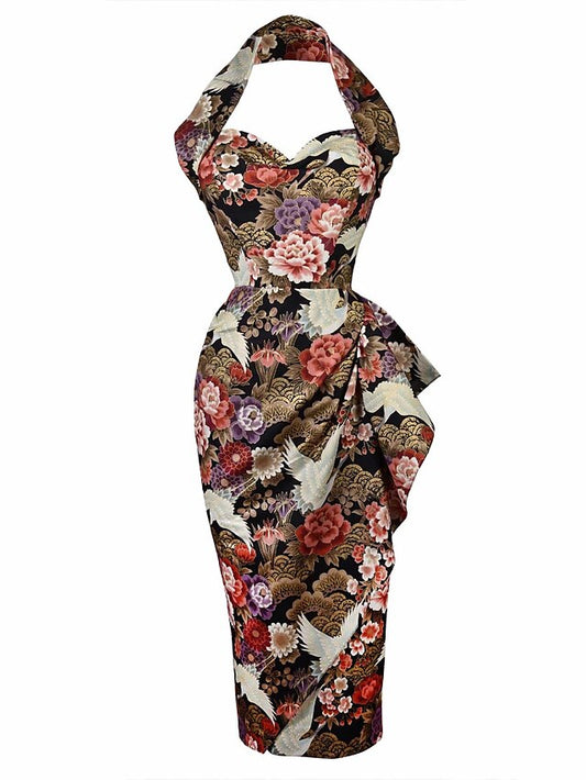 Women's Elegant Retro Vintage Dress Midi Dress Outdoor Daily Ruffle Backless Floral Halter Sleeveless Slim Summer Spring 2023 khaki S M L XL - LuckyFash™