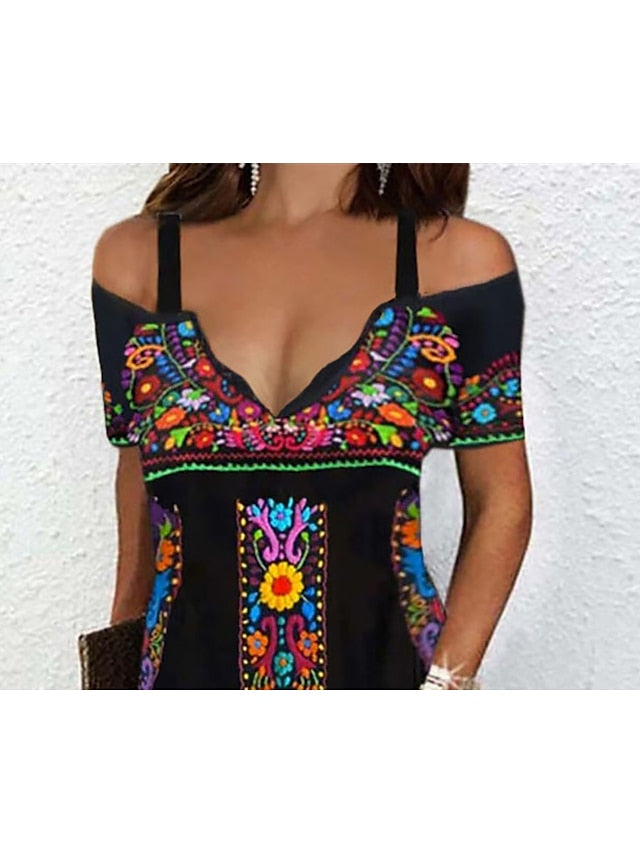 Women's Ethnic Dress Boho Dress Mini Dress Black Short Sleeve Floral Cold Shoulder Spring Summer Spaghetti Strap Boho Vacation Weekend Loose Fit 2023 S M L XL XXL - LuckyFash™