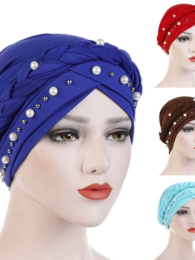 Women Fashion Pearls Muslim Scarf Hijabs Hat Women India Hat Solid Turban Hat Wrap Cap Head Scarf Headscarf Hat Female Hair Accessories - LuckyFash™