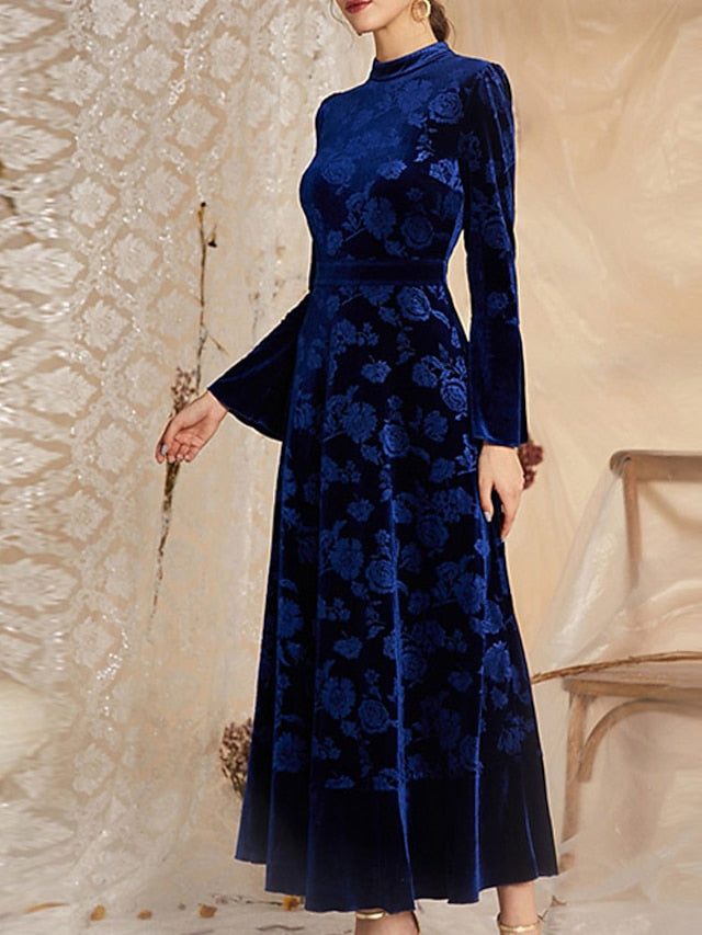 Womenâ€˜s Formal Party Dress Wedding Guest Dress Velvet Dress Red Long Dress Maxi Dress Wine Dark Blue Long Sleeve Floral Velvet Print Winter Fall Stand Collar Fashion Elegant Fall Dress 2023 S M L XL - LuckyFash™