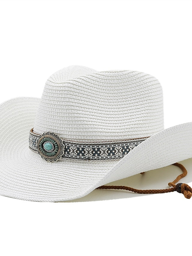 Turquoise Decoration Western Cowboy Hat Men Women Cowgirl Summer Straw Hats For Lady Sun Hat Beach Cowgirl Jazz Hat - LuckyFash™
