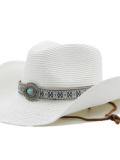 Turquoise Decoration Western Cowboy Hat Men Women Cowgirl Summer Straw Hats For Lady Sun Hat Beach Cowgirl Jazz Hat - LuckyFash™