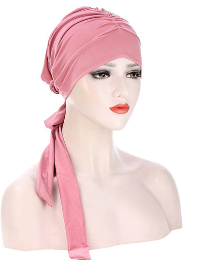 Muslim Women Stretch Solid Wrinkle Turban Hat Cancer Chemo Beanies Caps Pre-Tied Scarf Headwear Headwrap Simple Hair Accessories - LuckyFash™