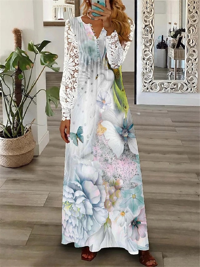 Women's Floral Lace Pleated Dresses Long Dress Maxi Dress A Line Dress Print Dress SpringÂ Dress Floral Butterfly Fashion Holiday Date Weekend Long Sleeve V Neck Dress White Red Blue Summer Spring - LuckyFash™