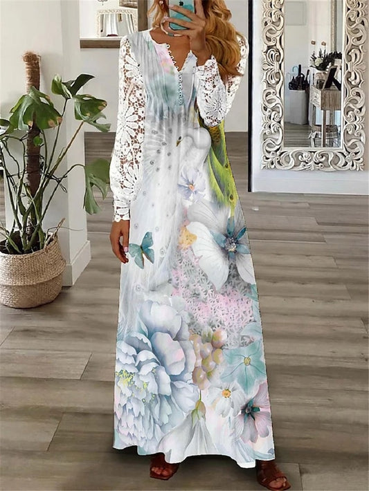 Women's Floral Lace Pleated Dresses Long Dress Maxi Dress A Line Dress Print Dress SpringÂ Dress Floral Butterfly Fashion Holiday Date Weekend Long Sleeve V Neck Dress White Red Blue Summer Spring - LuckyFash™