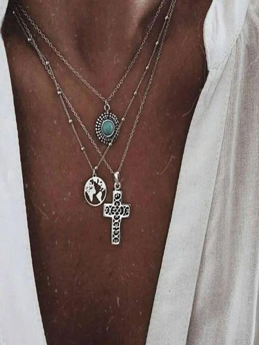 Three-Layer Necklace Personality Cross Turquoise World Map Pendant Necklace Charm Jewelry - LuckyFash™