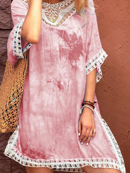 Tie-dye Lace Round Neck Casual Dress - LuckyFash™