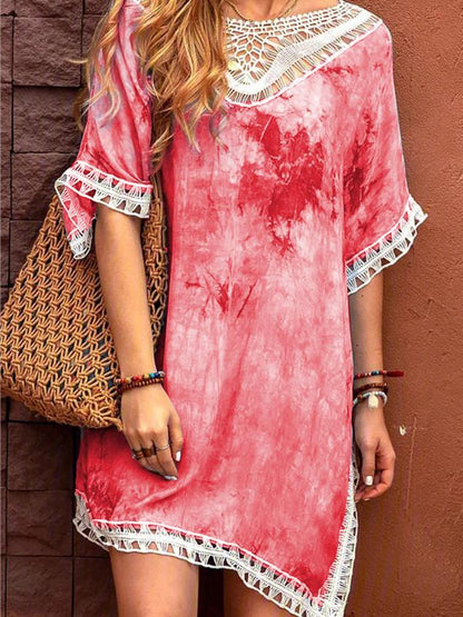 Tie-dye Lace Round Neck Casual Dress - LuckyFash™