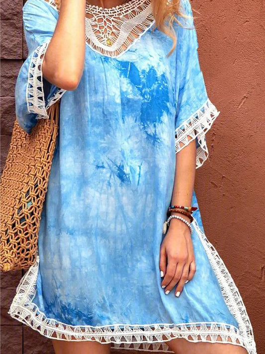 Tie-dye Lace Round Neck Casual Dress - LuckyFash™