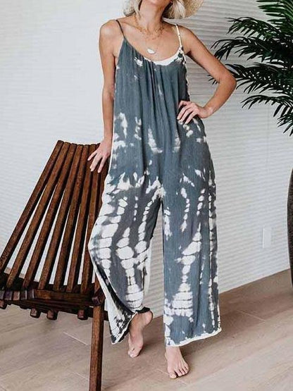 Tie-dye Printed Suspenders Casual Wide-Leg Jumpsuit - LuckyFash™