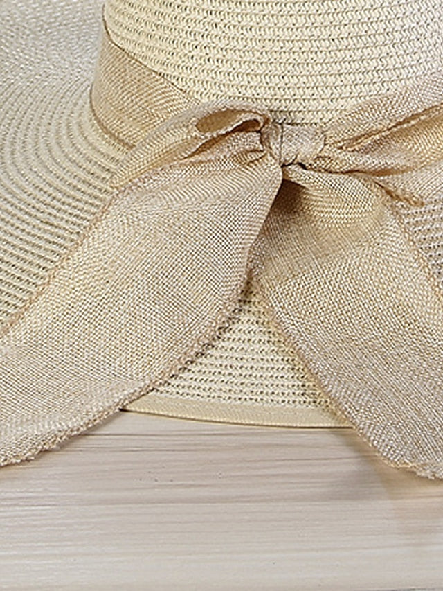 Women's Hat Straw Hat White Khaki Beige Lawn Festival Braided Bow Print Portable Windproof Breathable - LuckyFash™