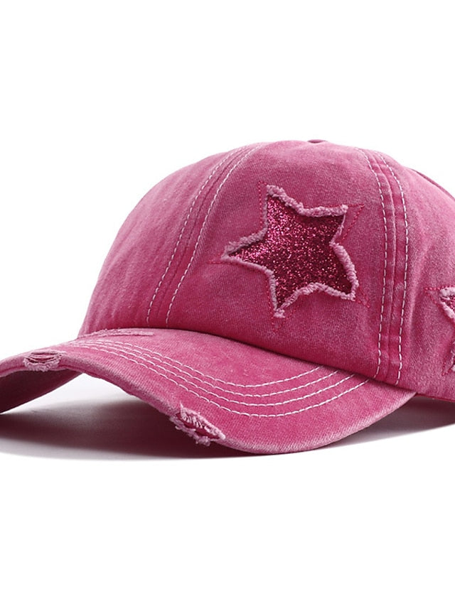 Men Washed Cotton Baseball Cap Glitter Star Embroidery Vintage Distressed Messy High Bun Ponytail Hole Trucker Hat Womens Adjustable Sun Hat - LuckyFash™