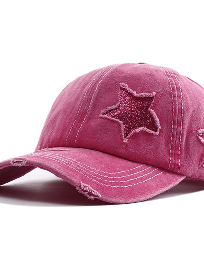 Men Washed Cotton Baseball Cap Glitter Star Embroidery Vintage Distressed Messy High Bun Ponytail Hole Trucker Hat Womens Adjustable Sun Hat - LuckyFash™