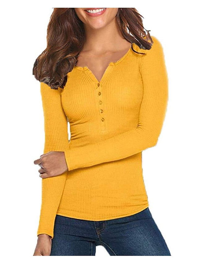 Women's Henley Shirt T shirt Tee Black White Yellow Plain Button Long Sleeve Casual Daily Basic Crew Neck Regular S - LuckyFash™
