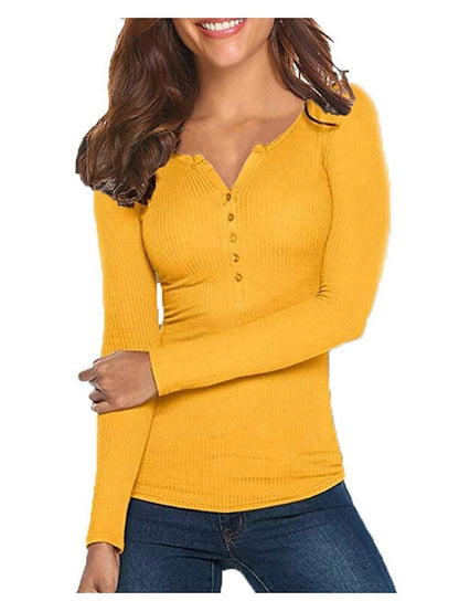 Women's Henley Shirt T shirt Tee Black White Yellow Plain Button Long Sleeve Casual Daily Basic Crew Neck Regular S - LuckyFash™