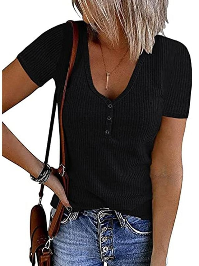 Women's Henley Shirt T shirt Tee Black White Pink Plain Button Short Sleeve Casual Daily Sexy Round Neck Regular S - LuckyFash™