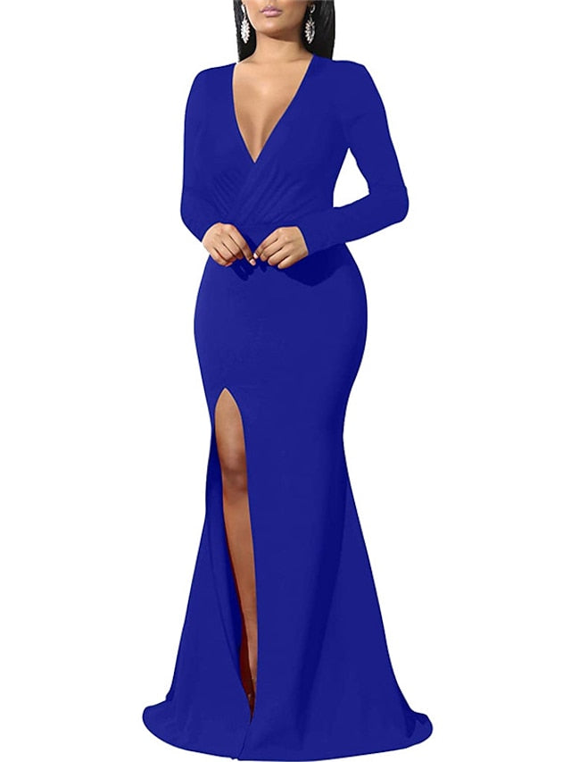 Womenâ€˜s Formal Party Dress Wedding Guest Dress Cocktail Dress Formal Dress Long Dress Maxi Dress Black Blue Wine Long Sleeve Pure Color Split Fall V Neck Winter Dress S M L XL XXL - LuckyFash™
