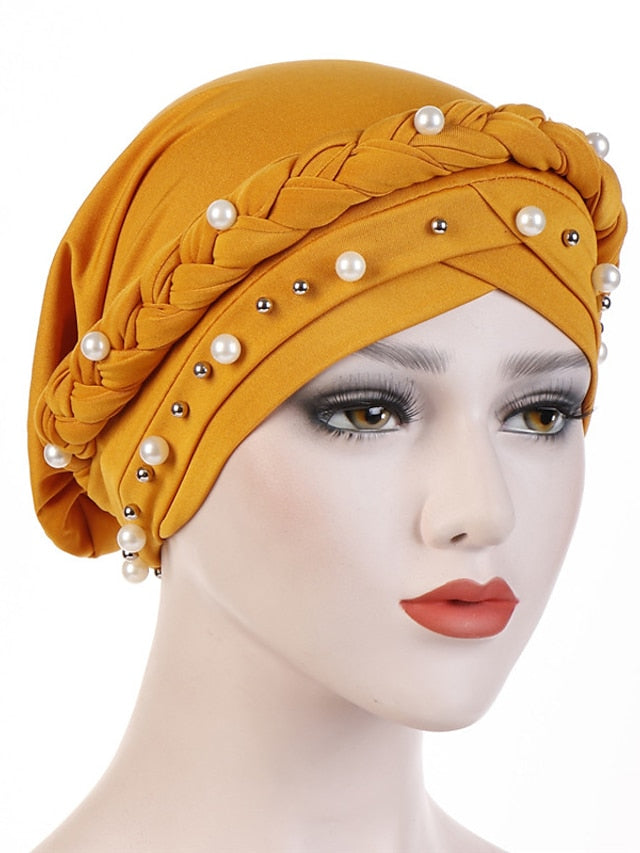 Women Fashion Pearls Muslim Scarf Hijabs Hat Women India Hat Solid Turban Hat Wrap Cap Head Scarf Headscarf Hat Female Hair Accessories - LuckyFash™