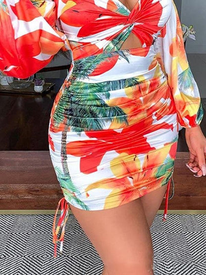 Tropical Print Cutout Drawstring Mini Dress - LuckyFash™