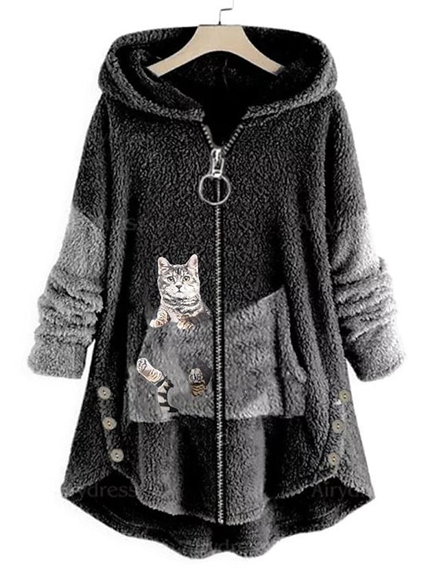 Hoodie Sweatshirt Pullover Pullover Sherpa Fleece Teddy Zip Up Front Pocket Pink Green Dark Grey Cat Street Hoodie Plus Size Long Sleeve Fleece for Women - LuckyFash™