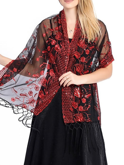 Women's Women's Shawls & Wraps Party Wedding Indoor Light Blue Black White Scarf Embroidered Flower - LuckyFash™