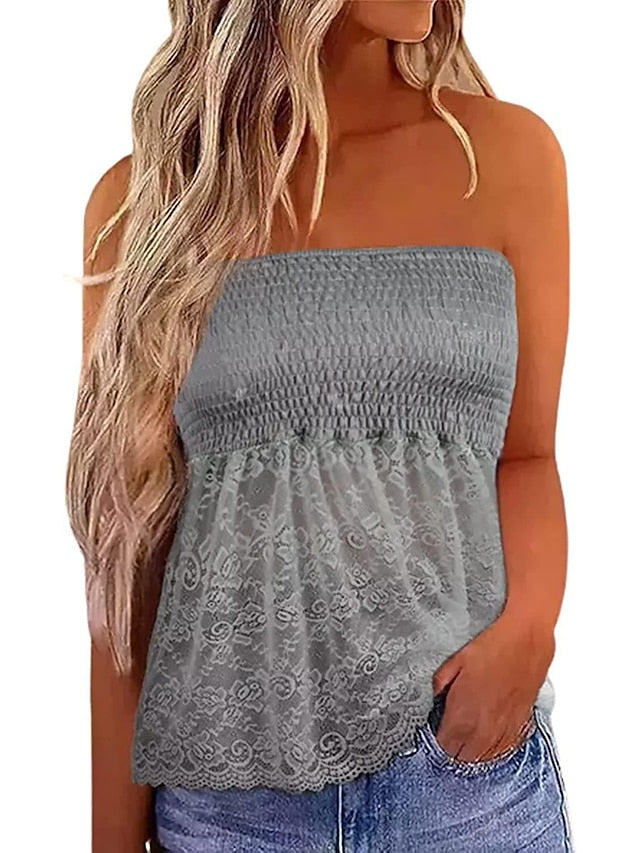 Bandeau Tube Top Black White Khaki Flag Leopard Lace Print Sleeveless Casual Holiday Basic Cold Shoulder Regular S for Women - LuckyFash™