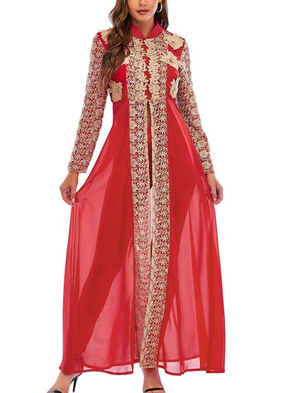 Kaftan Dress Long Dress Maxi Dress Green Black Blue Long Sleeve Floral Embroidered Spring Stand Collar Romantic Spring Dress Summer Dress  S M L XL XXL for Women - LuckyFash™