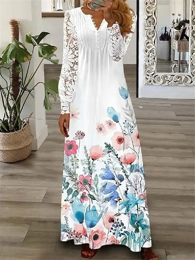 Floral Lace Pleated Dresses Eyelet Long Dress Maxi Dress A Line Dress Print Dress Fashion Casual Outdoor Daily Button Long Sleeve V Neck Regular Fit White Pink Red Spring Summer S M L XL for Women - LuckyFash™