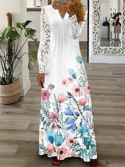 Floral Lace Pleated Dresses Eyelet Long Dress Maxi Dress A Line Dress Print Dress Fashion Casual Outdoor Daily Button Long Sleeve V Neck Regular Fit White Pink Red Spring Summer S M L XL for Women - LuckyFash™