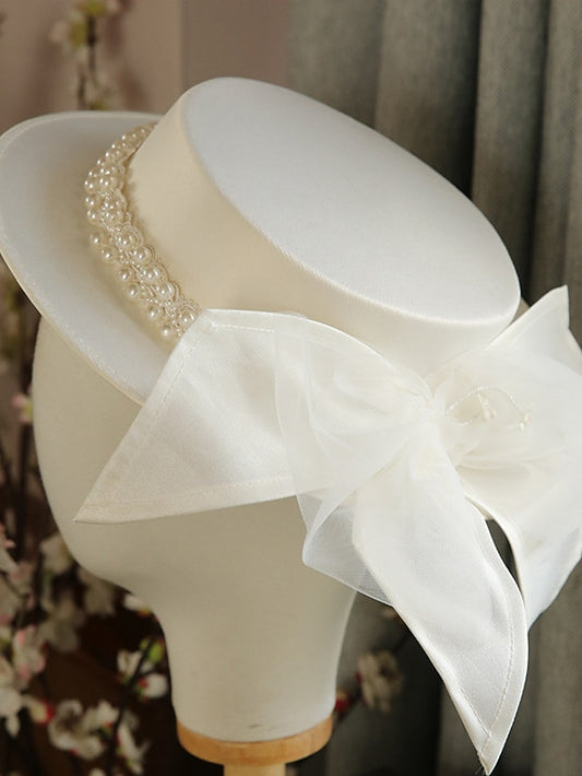 Women's Hat Bucket Hat Party Hat White Party Outdoor Street Beaded Pure Color Bow Ribbon bow Portable Sun Protection Windproof - LuckyFash™