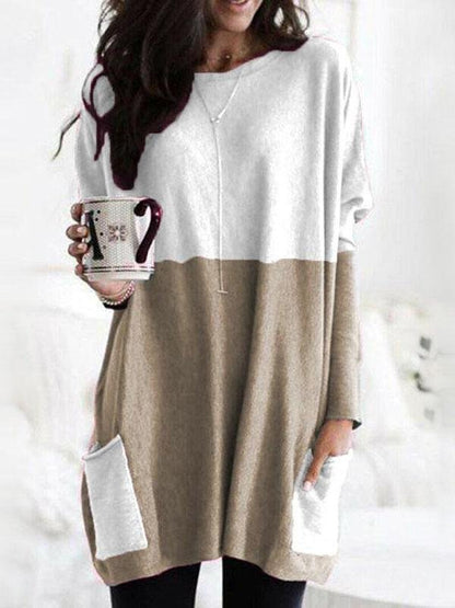 Two-Color Stitching Pocket Loose Long Sleeve T-Shirt - LuckyFash™