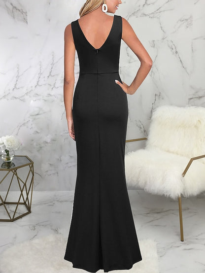 Formal Party Dress Sheath Dress Long Dress Maxi Dress Black Wine Red Sleeveless Pure Color Split Spring Summer V Neck Slim  S M L XL XXL for Women - LuckyFash™