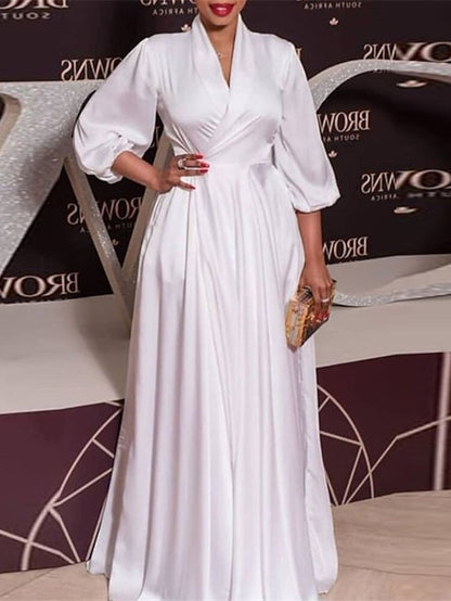 Womenâ€˜s Formal Party Dress Wedding Guest Dress Swing Dress Long Dress Maxi Dress Green Black Red Half Sleeve Pure Color Ruched Winter Fall V Neck Mature Evening Party 2023 S M L XL XXL 3XL - LuckyFash™