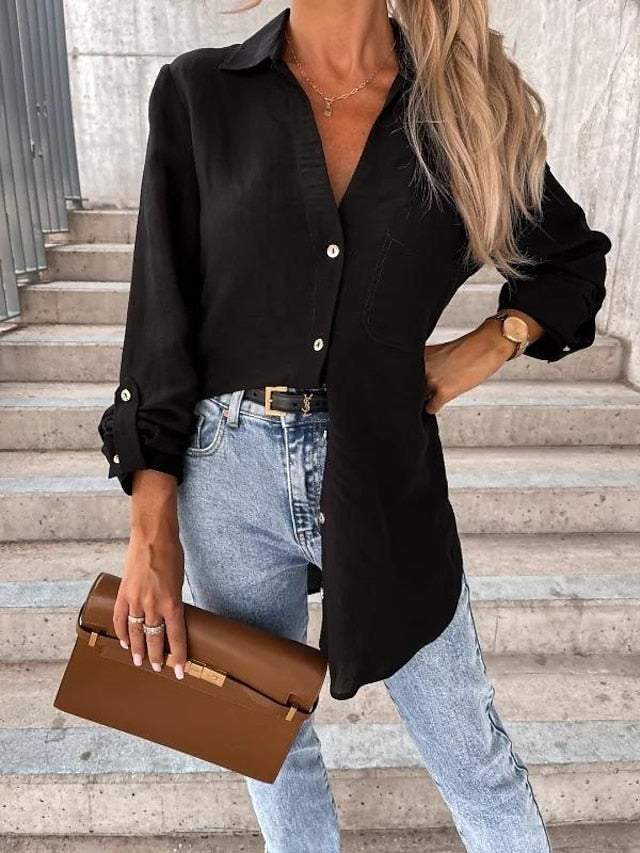 Explosive Style Autumn Basic Solid Color Roll-Sleeve V-neck Button Lapel Shirt Women for Women - LuckyFash™