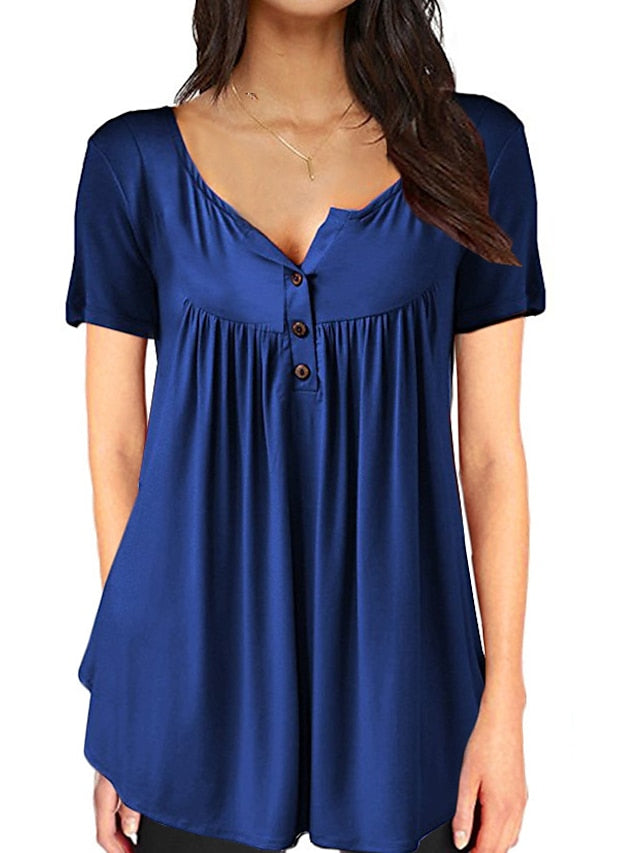 Women's Henley Shirt T shirt Tee Black White Red Plain Button Short Sleeve Casual Daily Basic Daily Casual Round Neck Long S - LuckyFash™