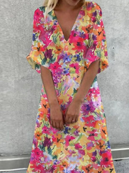 Women's Floral Print V Neck A Line Dress Maxi long Dress Yellow Short Sleeve Print Spring Summer Stylish Vacation 2023 3XL - LuckyFash™