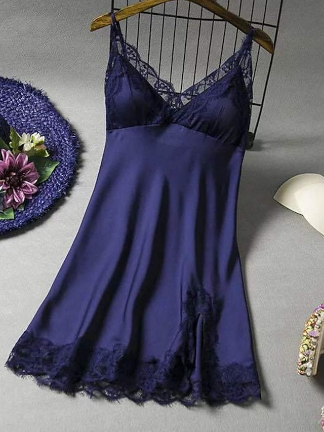 Gift Pajamas Nightgown Home Party Daily Lace Pure Color Polyester Satin Simple Casual Soft Spring Summer V Neck Sleeveless for Women - LuckyFash™