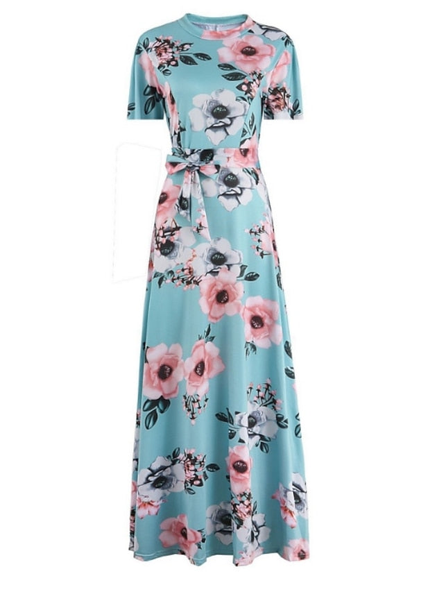 Women's Floral Casual Dress Swing Dress Floral Dress Long Dress Maxi Dress Black Navy Blue Light Blue Short Sleeve Lace up Spring Summer Turtleneck Hot Slim 2023 S M L XL XXL 3XL 4XL 5XL - LuckyFash™