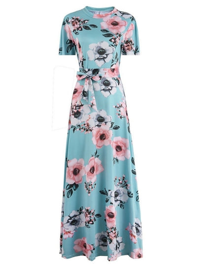 Women's Floral Casual Dress Swing Dress Floral Dress Long Dress Maxi Dress Black Navy Blue Light Blue Short Sleeve Lace up Spring Summer Turtleneck Hot Slim 2023 S M L XL XXL 3XL 4XL 5XL - LuckyFash™
