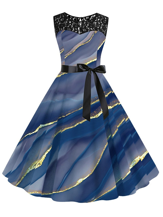 Women's Elegant Retro Lace Dress Midi Dress Outdoor Office Lace Patchwork Butterfly Crew Neck Sleeveless Regular Fit Summer Spring 2023 Navy Blue Blue S M L XL - LuckyFash™