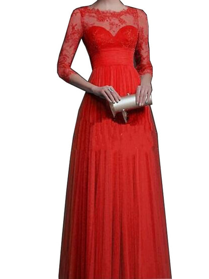 Womenâ€˜s Formal Party Dress Wedding Guest Dress Lace Dress Long Dress Maxi Dress Green Red 3/4 Length Sleeve Pure Color Lace Winter Fall Autumn Crew Neck 2023 S M L XL XXL - LuckyFash™
