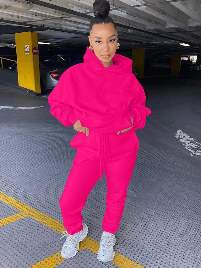 Women's Hoodie Tracksuit Pants Sets Streetwear Blue Pink Sports Outdoor Casual Daily Plain Drawstring Hooded S M L XL XXL - LuckyFash™