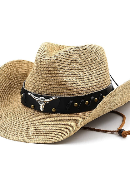 Ethnic Style Hat Cowboy Men Straw Panama Hat Belt Cow Decorate Wide Brimmed Hats For Summer Khaki Women Hat New Arrival - LuckyFash™