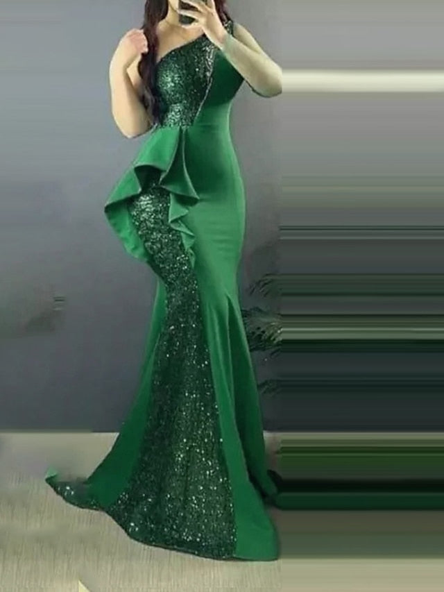 Womenâ€˜s Formal Party Dress Sequin Dress Sheath Dress Long Dress Maxi Dress Green Wine Sleeveless Pure Color Sequins Winter Fall Autumn One Shoulder Fashion Weekend Slim 2023 S M L XL - LuckyFash™