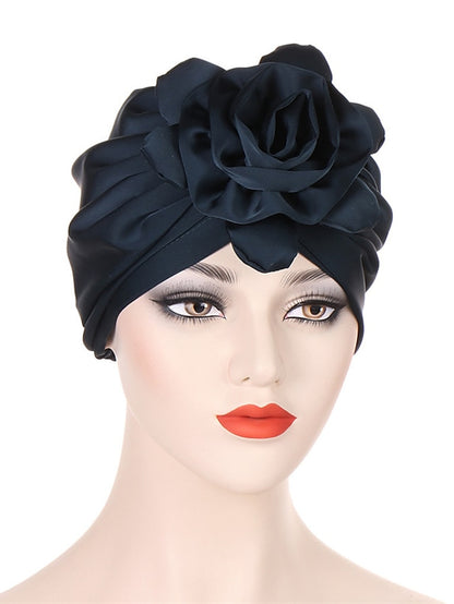 Big Flower Muslim Women Turban Satin Head Wrap Hijab Sleep Night Hat Hair Care Cap Indian Elastic Beanie Ladies Hair Loss Headwear - LuckyFash™