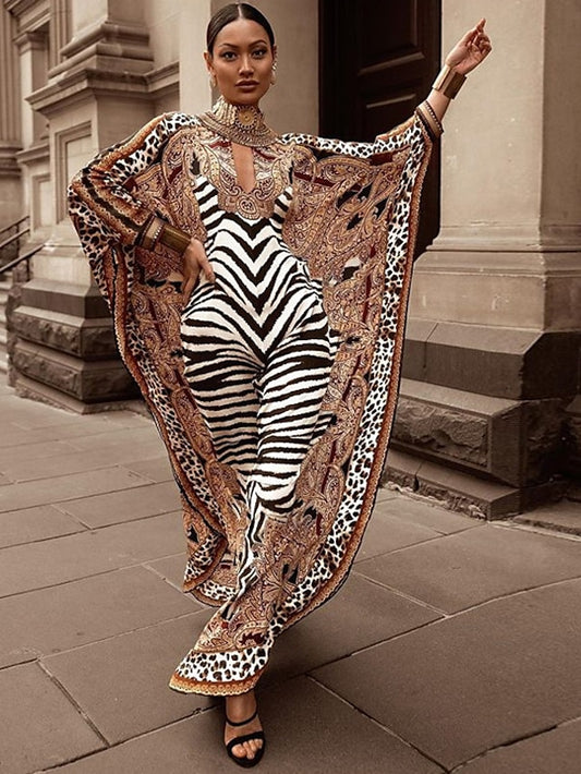Women's Kaftan Dress Long Dress Maxi Dress Brown Long Sleeve Leopard Print Fall Spring High Neck Romantic Winter Dress Fall Dress Loose Fit 2023 One-Size - LuckyFash™