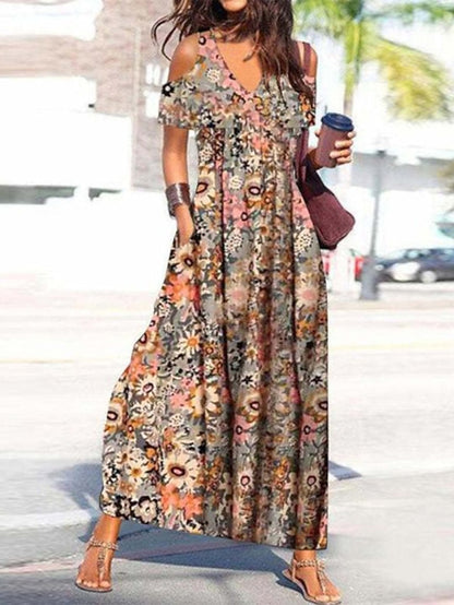 Floral Cold Shoulder Long Dress Maxi Dress Yellow Short Sleeve Floral Spring Summer V Neck Loose Fit  S M L XL XXL 3XL for Women - LuckyFash™