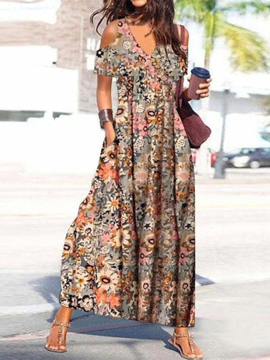 Floral Cold Shoulder Long Dress Maxi Dress Yellow Short Sleeve Floral Spring Summer V Neck Loose Fit  S M L XL XXL 3XL for Women - LuckyFash™